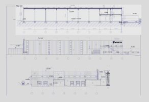 Řez budovou a pohledy