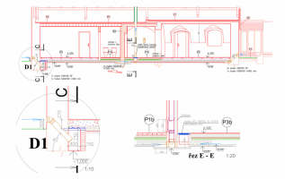 Podélný řez s vyznačením odvětrání podlah do jižní a severní fasády