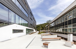 Pavilon má dva hlavní vstupy ve dvou úrovních: do 1. NP se vchází z jihozápadního nároží na nádvoří, hlavní vstupní podlaží je v 2. NP. Jeho fasáda z titanzinku mění své zabarvení v závislosti na světelných podmínkách. Spodní líc konstrukce tvoří pohledový beton s bílým nátěrem.