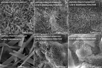 Obr. 5: Snímky vápenopískových kompozitů s využitím odpadního expandovaného perlitu