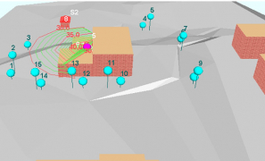 Obr. 4: Modelovanie priebehu izofón z tepelného čerpadla 3D (softvér Hluk+ 11.profi) – situácia v jestvujúcej zástavbe [4]