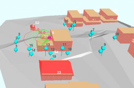 Obr. 4: Modelovanie priebehu izofón z tepelného čerpadla 3D (softvér Hluk+ 11.profi) – situácia v navrhovanej dostavbe IBV [4]