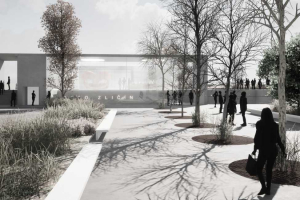 Vizualizace vítězného návrhu Petr Stolín Architekt - hlavní vstupní průčelí stanice (zdroj: Petr Stolín Architekt)