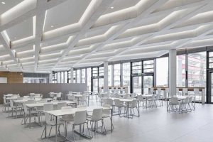 Pro strop v jídelně vyvinuli technici PERI speciální bednění, které bylo později realizováno s pomocí 64 předem smontovaných kosočtvercových dílců