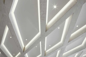 Paprskovitě se rozbíhající trámy s ostrými hranami se od zbytku železobetonové konstrukce stropu jídelny ze šedého betonu třídy SB 2 odlišují bílým betonem třídy SB 4