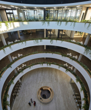 Centrické uspořádání prostoru minimalizovalo vzdálenosti mezi pracovišti napříč budovou. Pro propojení prostor s centrálním atriem i navzájem stačí průchody místy, které fungují jako akustické filtry i pomyslná rozmezí mezi zónami pracovních týmů.