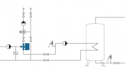 Na schématu systému je znázorněn třícestný přepínací ventil (modře), který účinně rozděluje objemový průtok do dalšího topného okruhu (foto: Taconova Group AG)