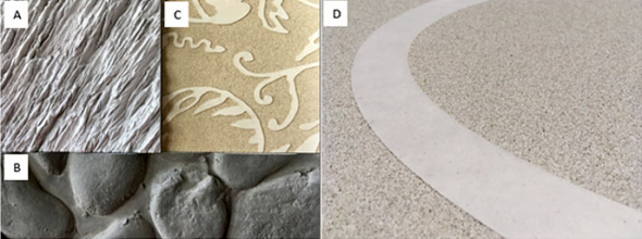 Detaily příkladů možností práce s povrchem GRC fasádních panelů: A, B – strukturovaný povrch, C, D – kombinace vymývaného a hladkého povrchu (grafický beton)