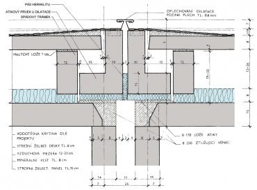 Detail dvouplášťové střechy u dilatace objektu PS 69