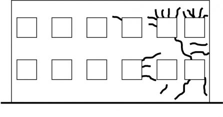 Obr. 1: Schéma průběhu trhlin na zděném objektu vzniklých v důsledku otřesů vyvolaných technickou seizmicitou