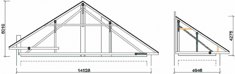 Obr. 1: Rez sedlovou a rez pultovou časťou krovu